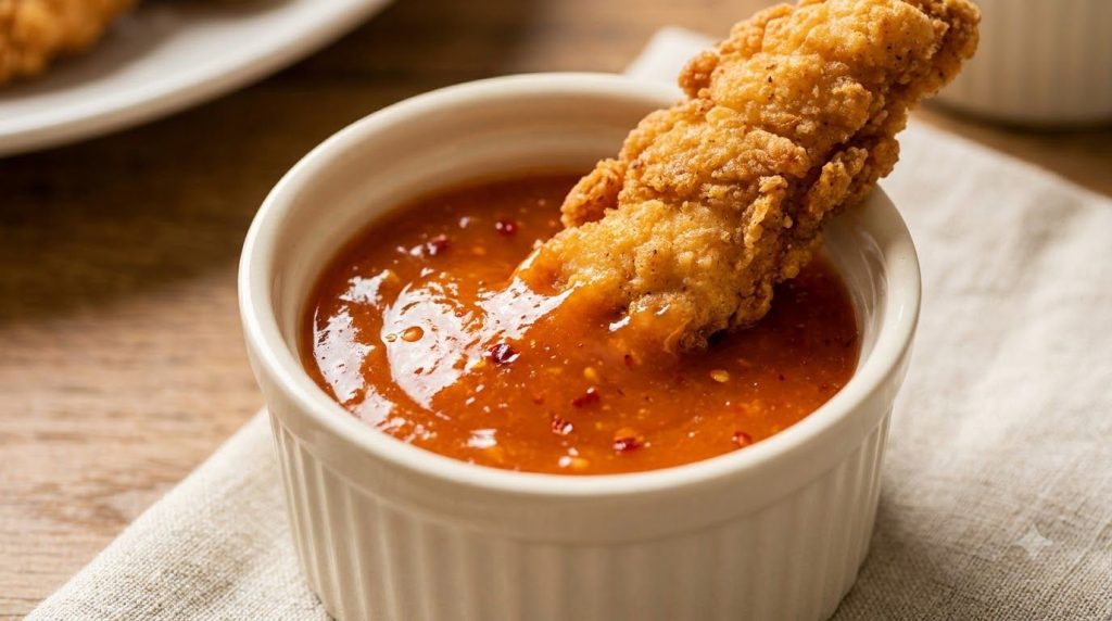 A white ramekin filled with a creamy reddish-orange spicy comeback sauce with a fried chicken tender partially submerged