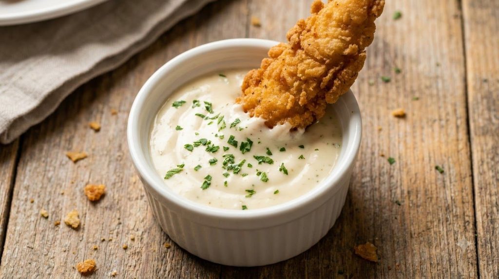 A white ramekin filled with a creamy off-white garlic parmesan sauce garnished with fresh parsley with a fried chicken t