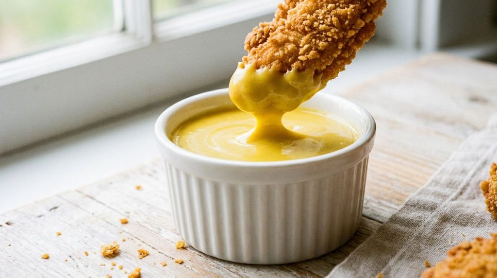 A white ramekin filled with a creamy yellow honey mustard dipping sauce with a fried chicken tender partially submerged 