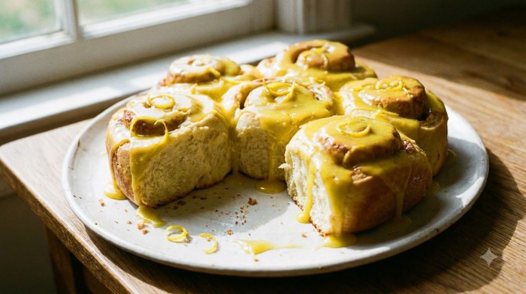 Fluffy sweet buns with a bright yellow lemon glaze drizzled over them and a scattering of lemon zest presented on a whit