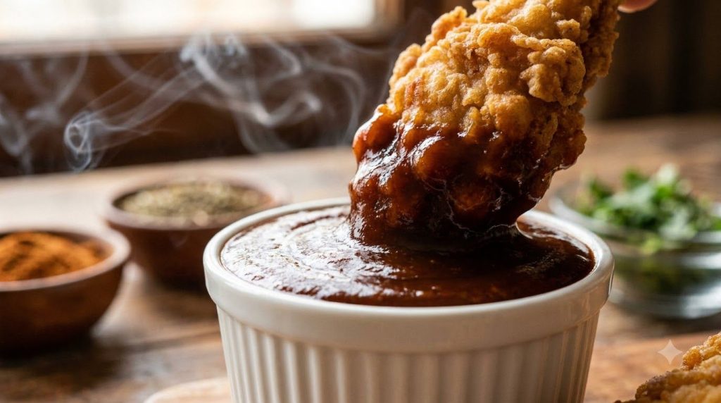 A white ramekin filled with a thick dark reddish-brown smoky BBQ sauce with a fried chicken tender dipped in it Smoke an