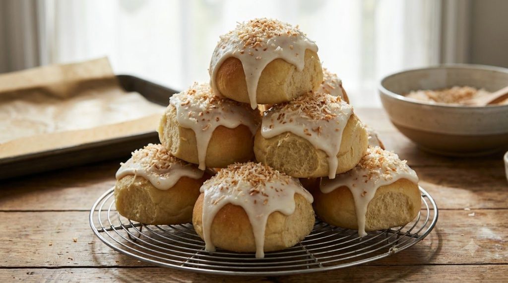 A stack of freshly baked Cloud-Soft Coconut Milk Buns each coated in creamy white frosting and sprinkled with shredded c
