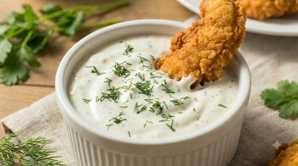 A white ramekin filled with a thick off-white creamy ranch dip garnished with fresh dill with a fried chicken tender bei