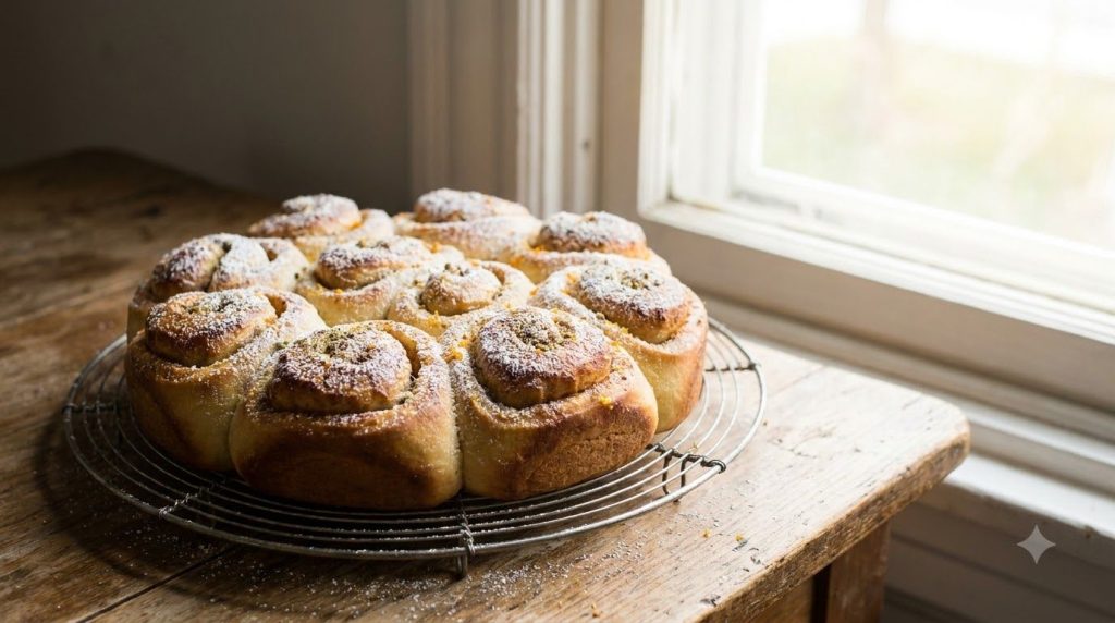 Soft coiled orange blossom cardamom buns dusted with powdered sugar arranged on a rustic cooling rack