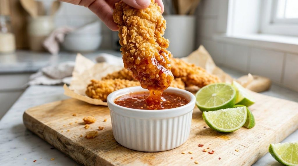 A white ramekin filled with a glossy translucent orange-red sweet chili dipping sauce showing chili flakes with a fried 