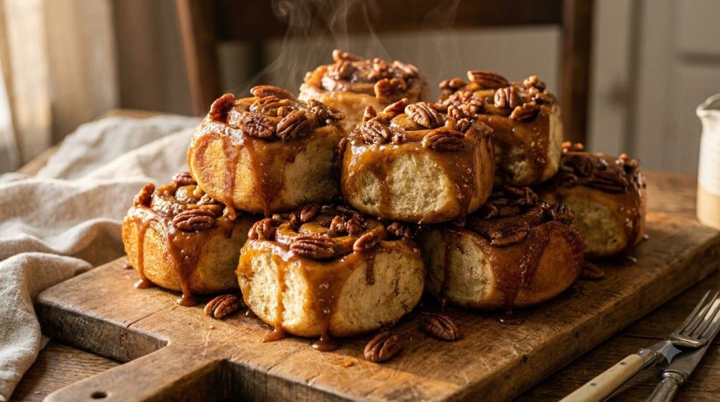 Warm gooey cinnamon spice pecan buns sticky with caramel glaze and topped with toasted pecans piled on a rustic wooden b