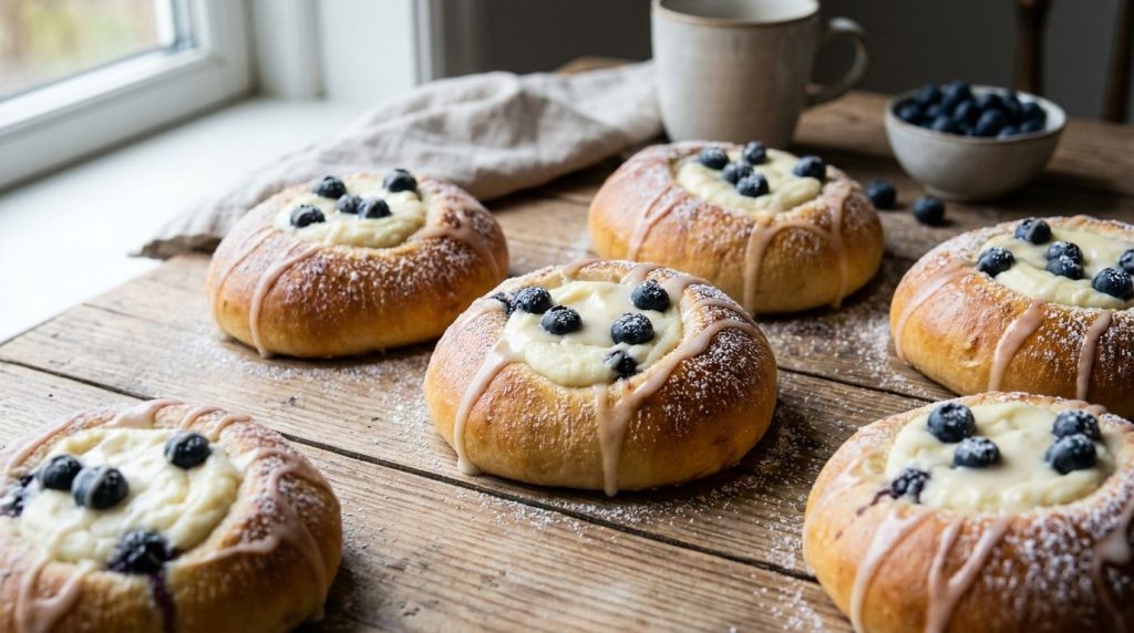 Golden-brown sweet buns with a dollop of cream cheese filling and fresh blueberries drizzled with a light vanilla glaze