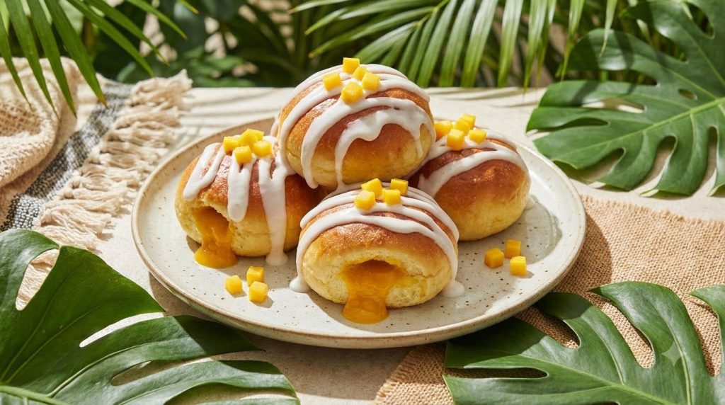 Fluffy sweet buns filled with creamy mango puree and topped with a drizzle of coconut cream and tiny mango cubes served 