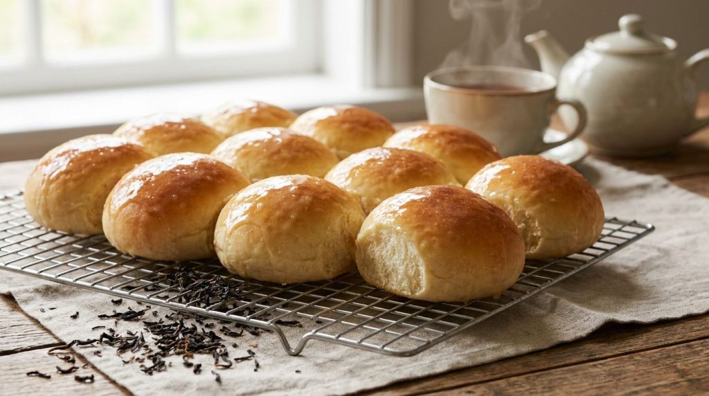 Soft lightly golden sweet buns with a delicate glaze arranged on a cooling rack with dried Earl Grey tea leaves sprinkle