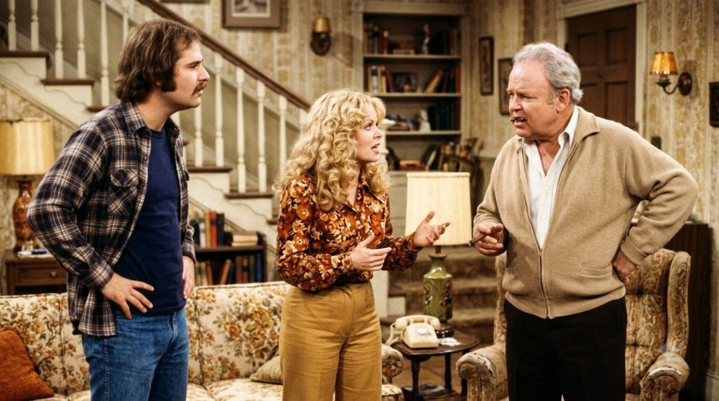 Sally Struthers as Gloria Stivic in All in the Family standing next to Rob Reiner as Michael Stivic and Carroll O Connor