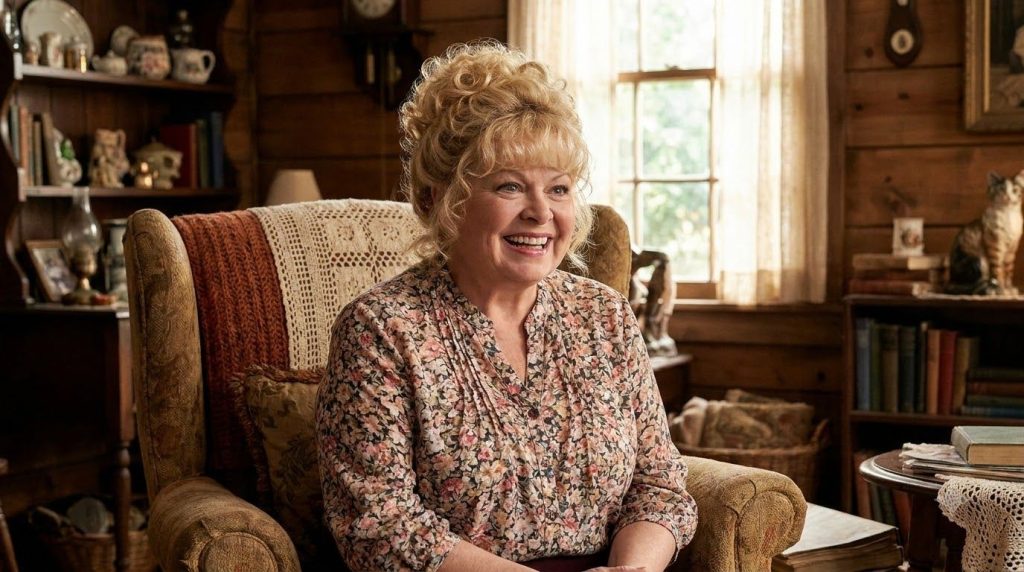 Sally Struthers as Babette Dell from Gilmore Girls with her signature big hair and expressive smile possibly next to Kir
