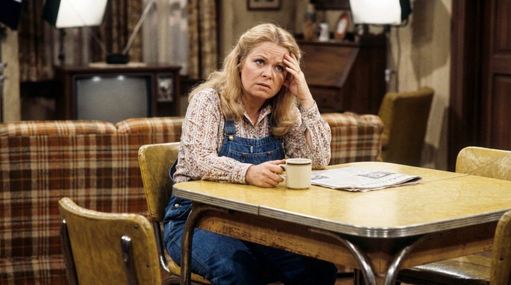 Sally Struthers as Gloria Stivic looking exasperated while sitting at the kitchen table in the iconic All in the Family 