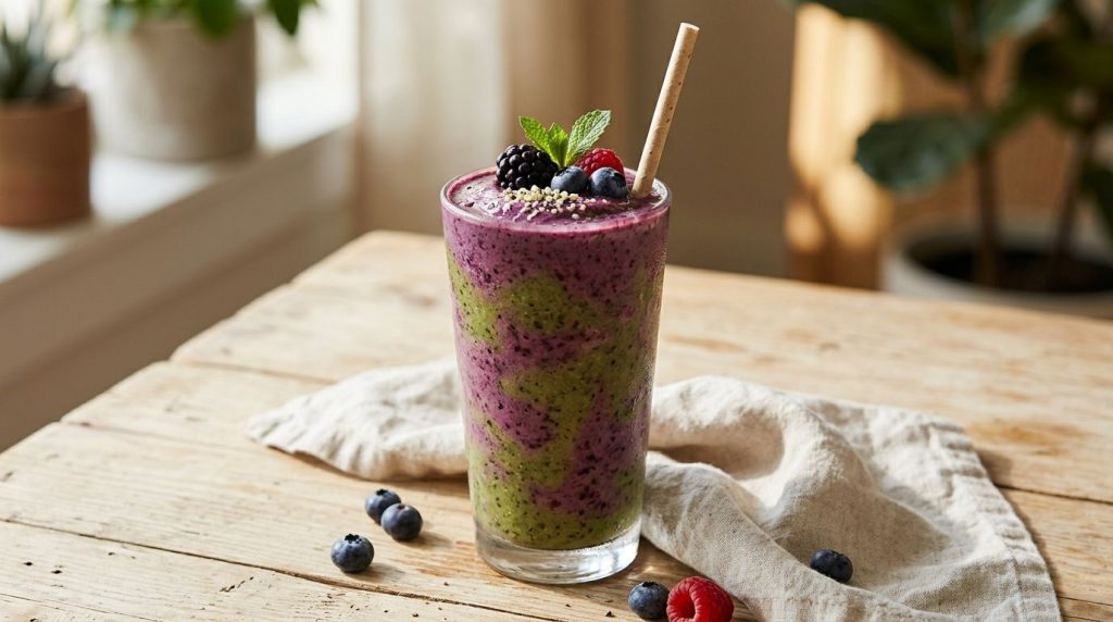 A tall glass of vibrant purple and green smoothie garnished with a few fresh berries and a straw ready to be enjoyed