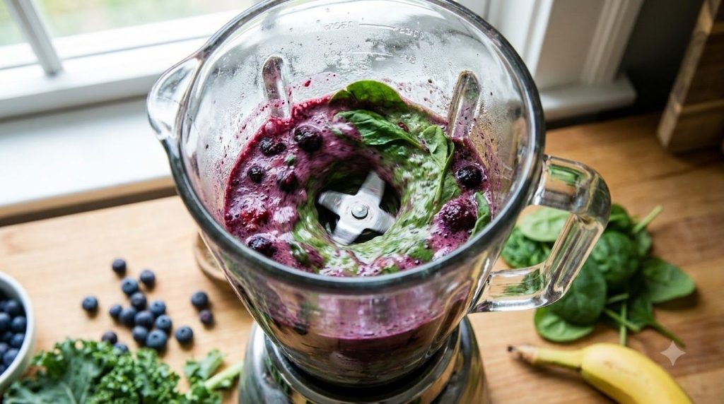 A vibrant purple-green smoothie being blended in a high-speed blender showing the swirling motion and creamy texture ins