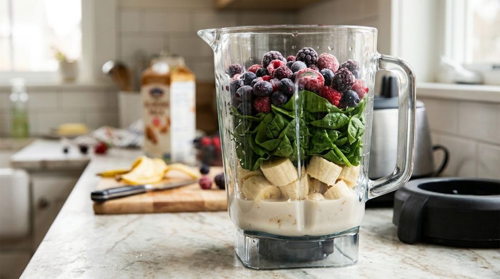All smoothie ingredients banana frozen berries spinach almond milk chia seeds layered inside a blender pitcher ready to 