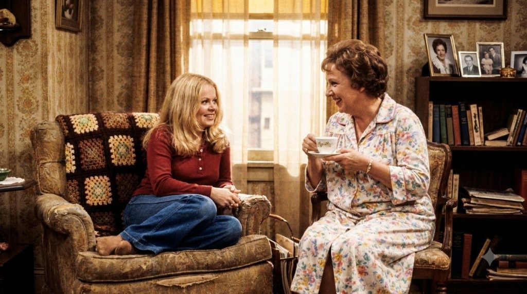 A still image of Sally Struthers as Gloria Stivic from All in the Family possibly with Jean Stapleton as Edith Bunker in