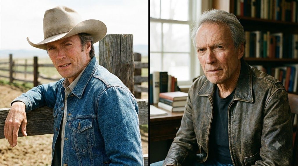 A split image showing the same Hollywood actor at two different life stages a younger version in a more rugged casual lo