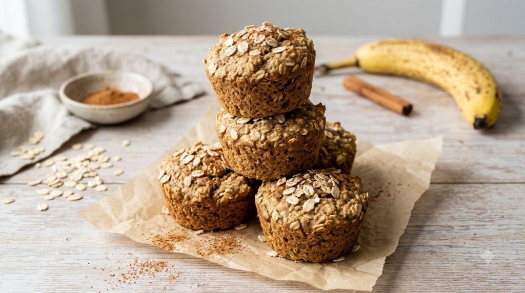 A stack of healthy banana oat muffins with a sprinkle of cinnamon photographed on a light wooden background The muffins 