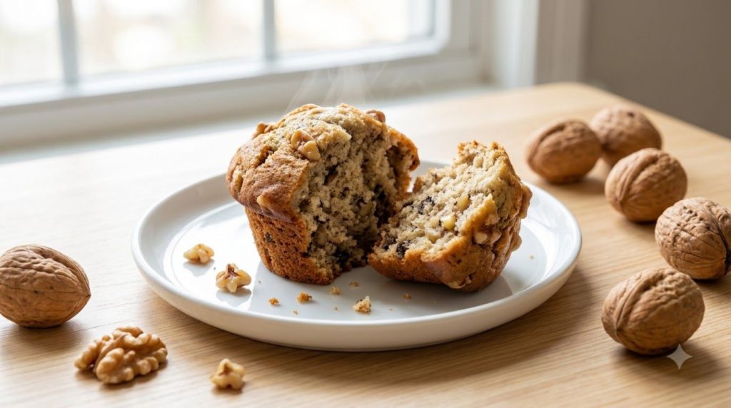 A warm banana nut muffin split open slightly to show the tender crumb and chopped nuts with a scattered few whole walnut