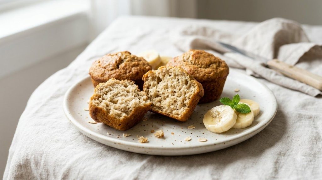 A beautifully arranged plate of vegan banana muffins showing a light airy texture with a few fresh banana slices and a s