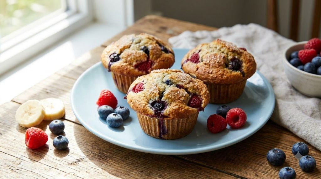 Vibrant banana berry muffins with blueberries and raspberries visible served on a light ceramic plate with a scattering 