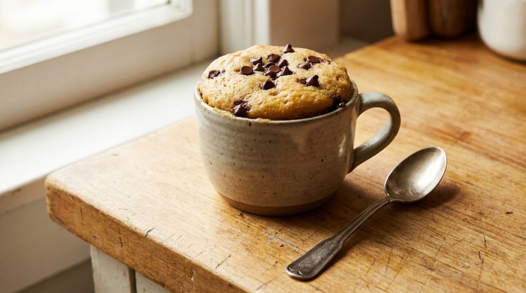 A single serving banana bread mug cake topped with a few mini chocolate chips in a cozy ceramic mug on a kitchen counter