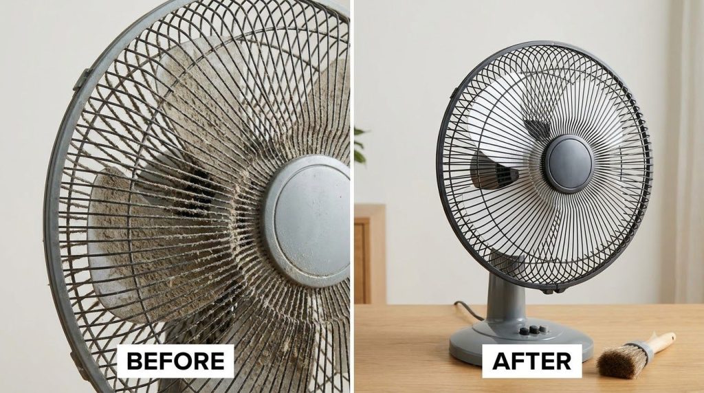 A side-by-side comparison or a sequence showing a very dusty fan and then the same fan sparkling clean after being wiped