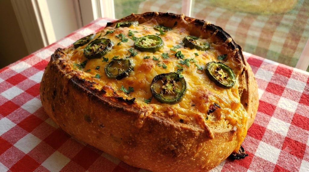 A vibrant Spicy Jalapeño Cheddar Garlic Bread loaf with bright green jalapeño slices and melted sharp cheddar cheese sho