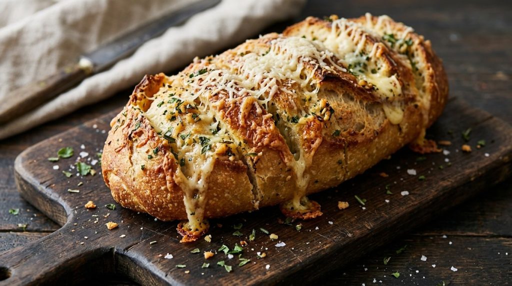 A loaf of Herby Parmesan Garlic Bread golden and crisp with visible specks of fresh green herbs and grated Parmesan chee