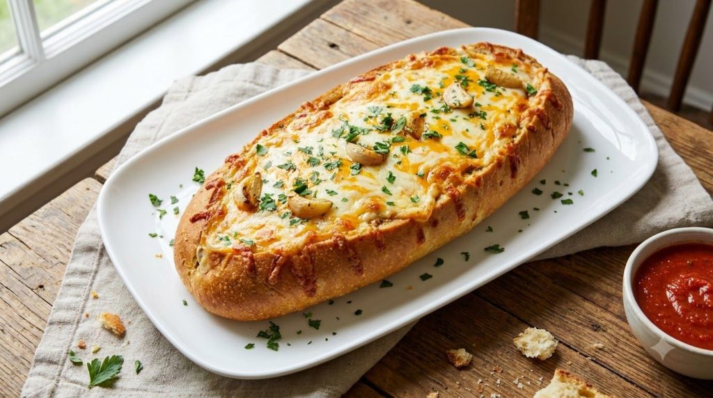 A freshly baked loaf of classic cheesy garlic bread golden brown with melted bubbly mozzarella cheese garnished with fre