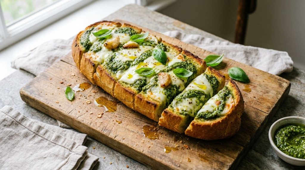 A rich green Pesto Mozzarella Garlic Bread with swirls of vibrant pesto sauce and melted mozzarella cheese fresh basil l