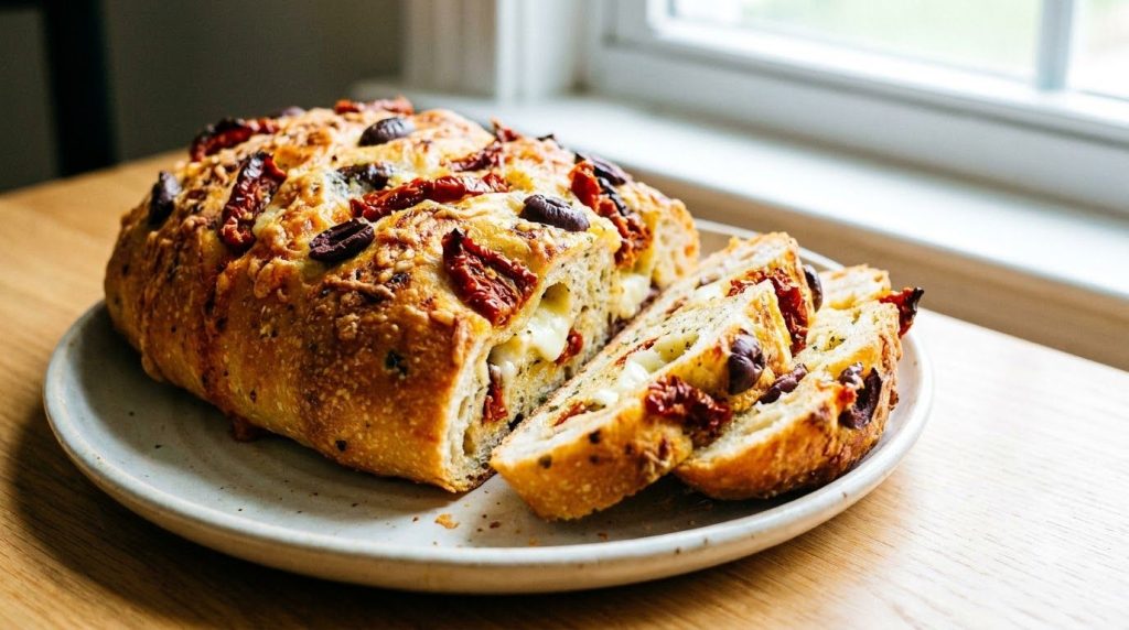 A Mediterranean-inspired Sun-Dried Tomato Olive Garlic Bread loaf showcasing red sun-dried tomatoes and dark Kalamata ol