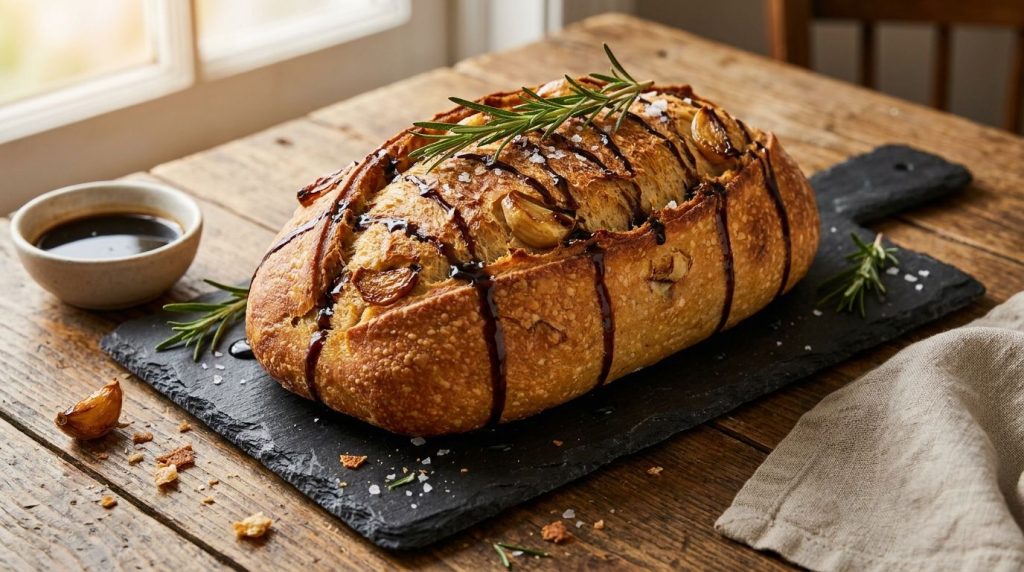 A sophisticated Roasted Garlic Balsamic Glaze Bread featuring soft caramelized roasted garlic cloves and a drizzle of da