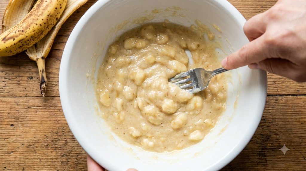 A close-up of ripe bananas being mashed in a white bowl with a fork showing a creamy slightly lumpy texture