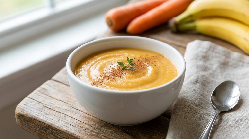 A small white bowl filled with the finished healthy banana carrot mash garnished with a tiny sprinkle of cinnamon The te
