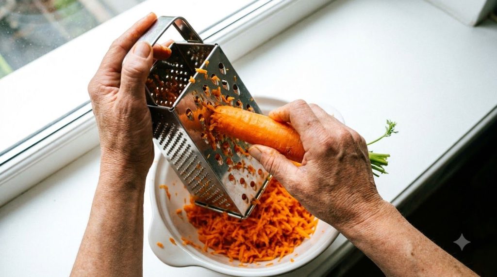 A close-up of a person s hands grating a fresh carrot over a white bowl using a box grater The shredded carrots are star