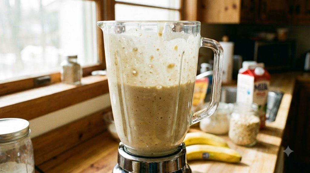 Smooth thick banana oat pancake batter in a blender after all ingredients have been combined and blended