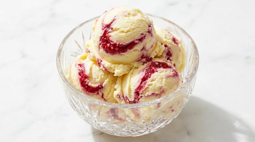 Scoops of creamy lemon ice cream with bright red raspberry swirls Elegant and refreshing