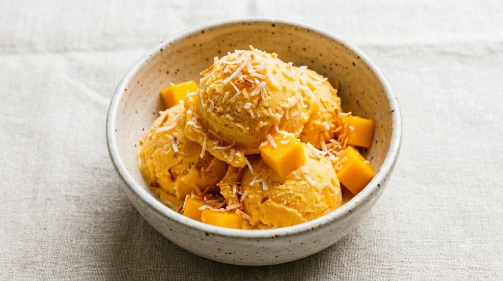 Scoops of vibrant mango coconut ice cream in a bowl garnished with fresh mango cubes and shredded coconut Sunny and invi