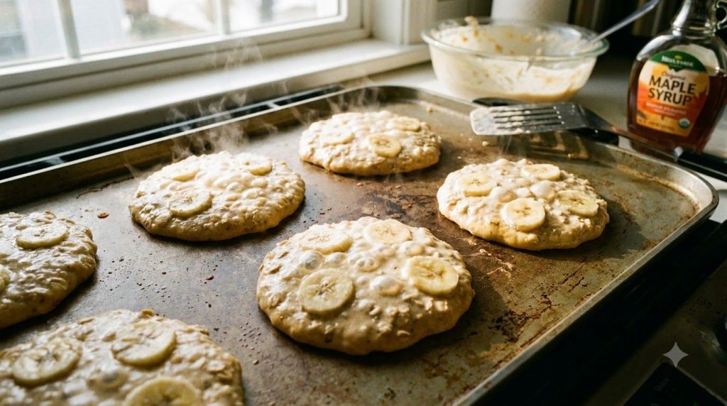 Several round banana oat pancakes cooking on a hot non-stick griddle showing bubbles on the surface and golden brown edg
