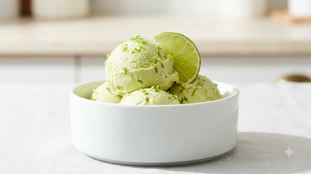 Pale green scoops of creamy avocado lime ice cream in a modern bowl garnished with a lime wedge and a sprinkle of zest F