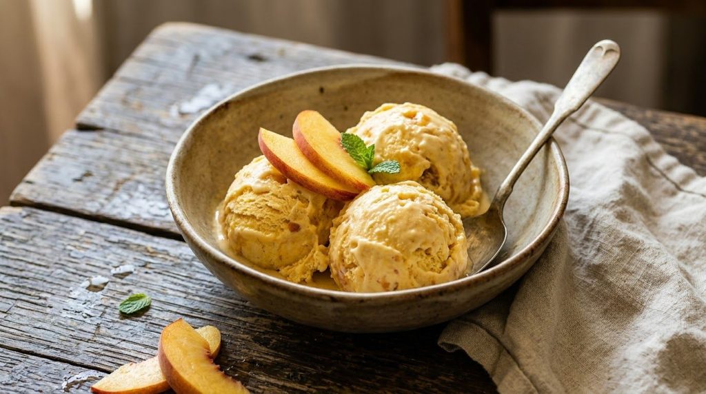 Golden scoops of peach ice cream in a rustic bowl garnished with fresh peach slices and a hint of mint Warm and inviting