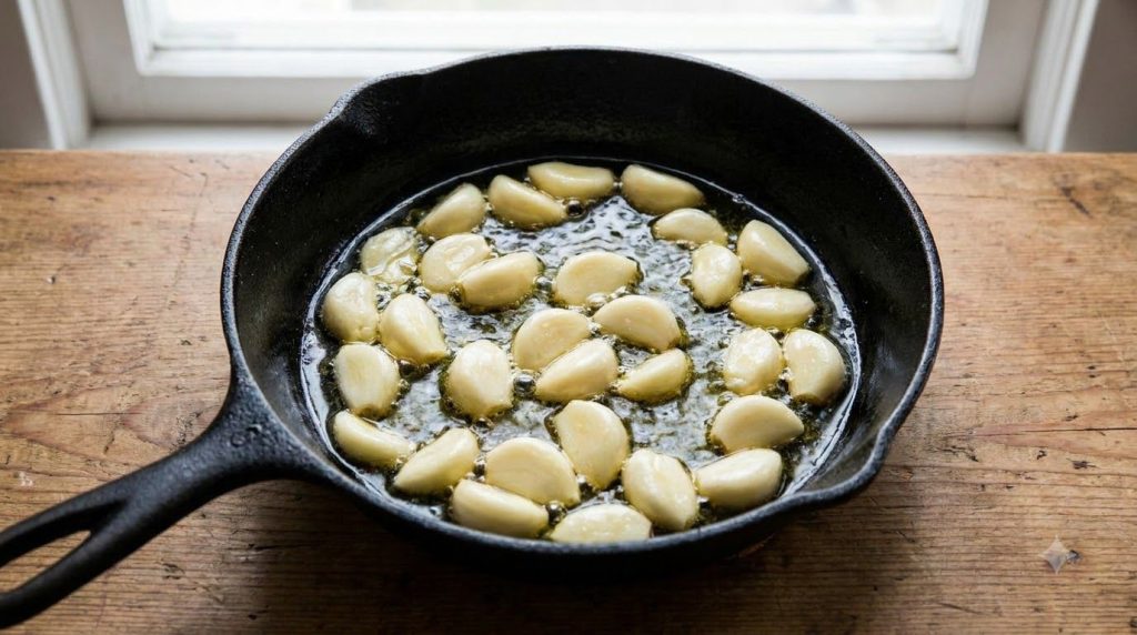 Numerous peeled garlic cloves simmering in a black frying pan submerged in bubbling golden oil