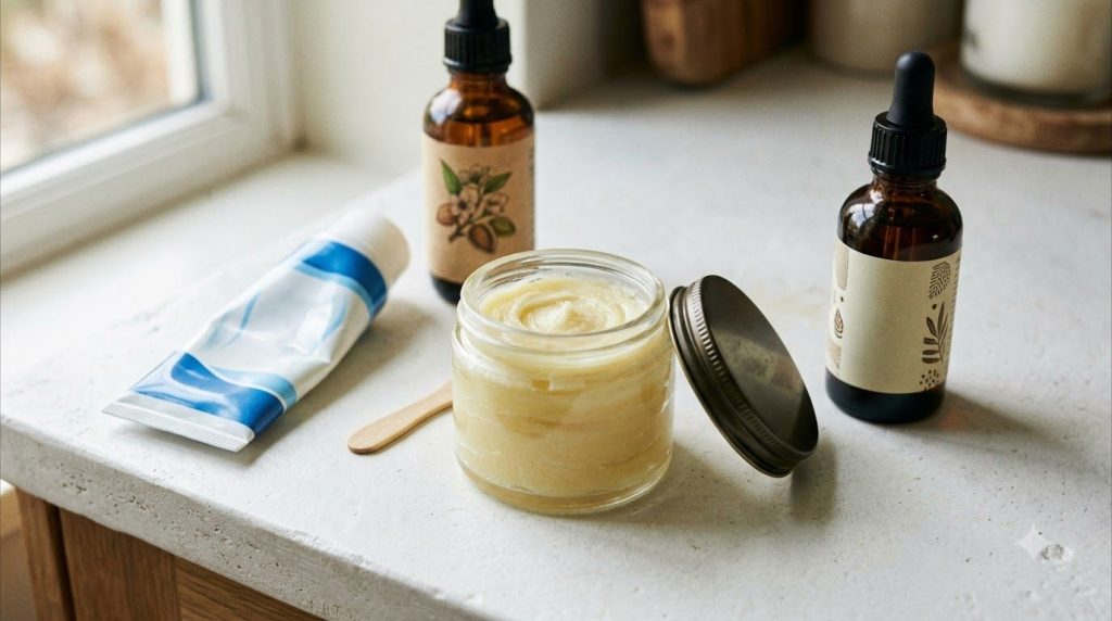 Small jar containing the mixed 3-ingredient night balm on a clean surface with the ingredients around it