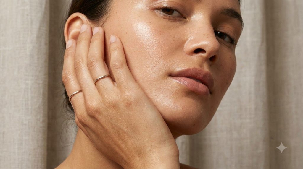 Close-up of a woman s hand gently touching her smooth glowing cheek demonstrating the results of consistent skincare