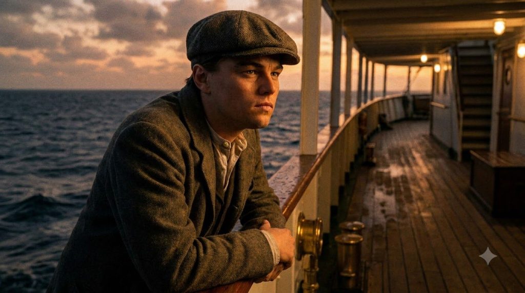 Leonardo DiCaprio as Jack Dawson in the movie Titanic wearing period clothing and looking dramatically into the distance