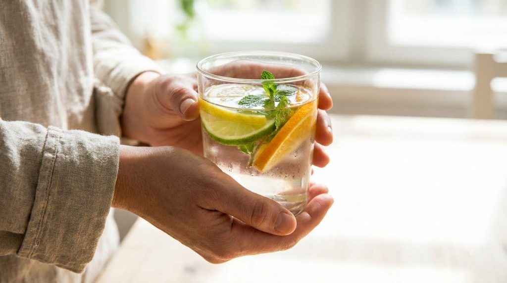 A person s hands holding a glass of fruit-infused water with citrus slices promoting healthy hydration