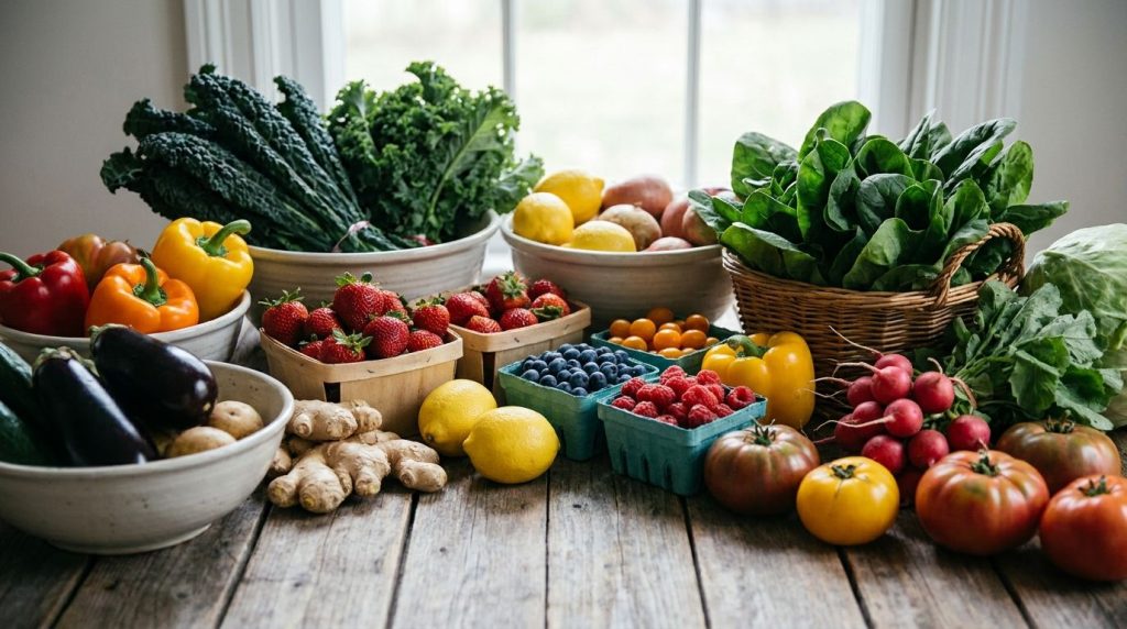 A colorful array of fresh fruits and vegetables including leafy greens berries lemons and ginger arranged appealingly on