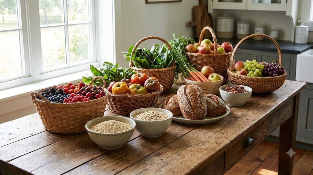 A vibrant array of fruits and vegetables on a wooden table representing healthy food choices for overall well-being