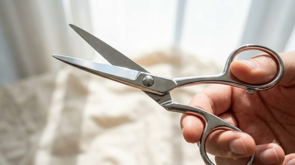 A pair of sparkling clean rust-free scissors being held up reflecting light The background is blurred suggesting a succe